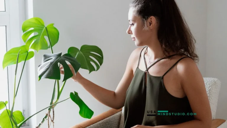 A woman sits by a window, surrounded by natural light, with a green plant beside her, creating a serene atmosphere.
