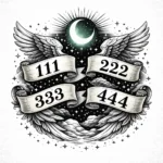 Angel numbers 111, 222, 333, and 444 on parchment scrolls surrounded by angel wings and a green crescent moon.