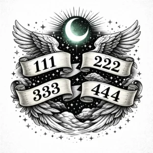 Angel numbers 111, 222, 333, and 444 on parchment scrolls surrounded by angel wings and a green crescent moon.