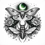 A black-and-white illustration of a luna moth, stag beetle, and bee under a green crescent moon.