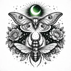 A black-and-white illustration of a luna moth, stag beetle, and bee under a green crescent moon.