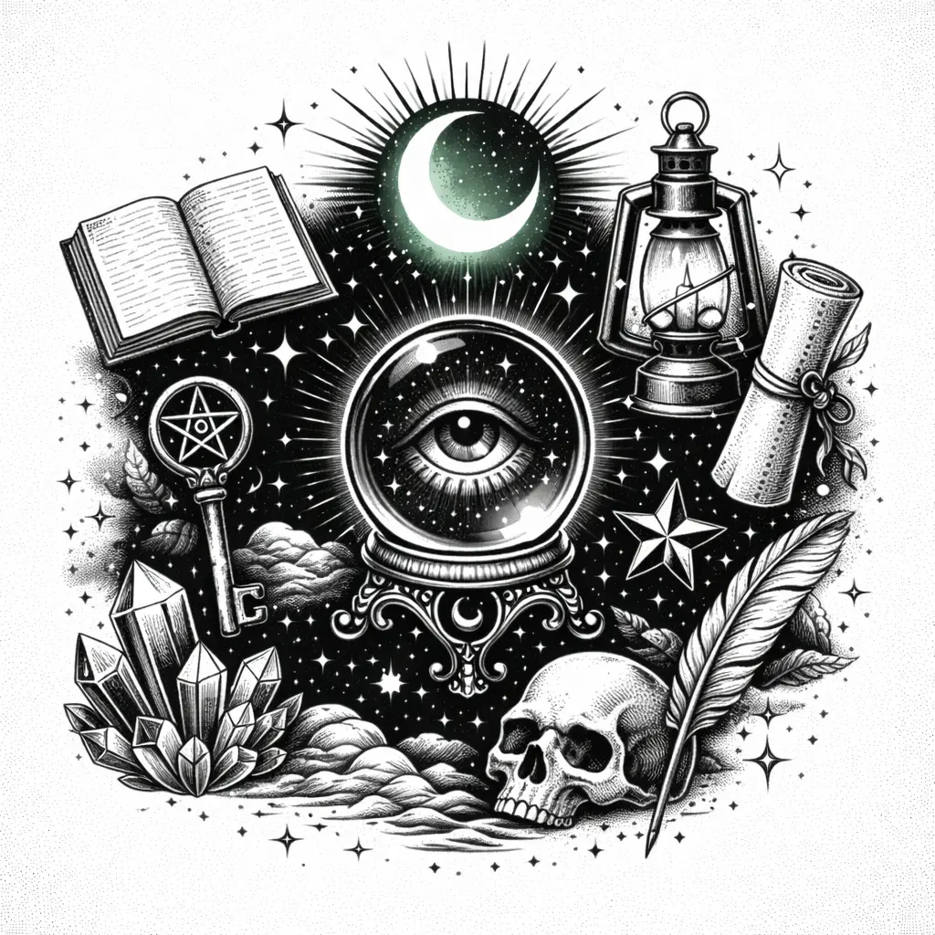 A scene with symbolic objects such as a crystal ball with an eye, a key, skull, open book, and a glowing green crescent moon.