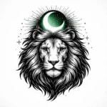 A powerful lion with a glowing green crescent moon above its head, representing animal symbolism.