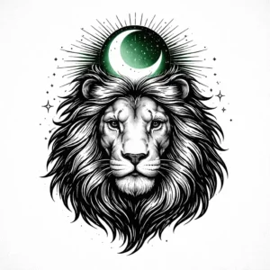 A powerful lion with a glowing green crescent moon above its head, representing animal symbolism.