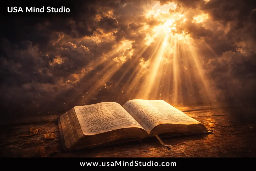Soft warm golden divine light beams breaking dramatically through clouds, illuminating an open Bible on a wooden surface below, deeply peaceful and spiritual atmosphere, photorealistic, wide cinematic shot
