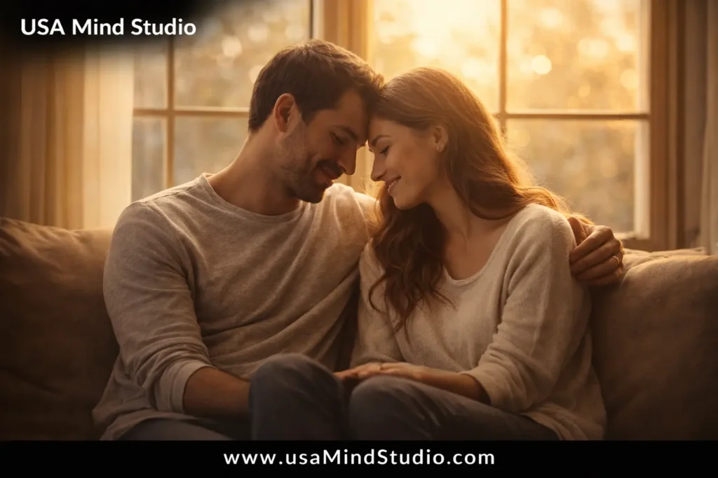 Two people sitting together in warm golden light by a large window, soft natural light, peaceful and intimate atmosphere, gentle smiles, representing deep trust and loving connection, photorealistic, wide soft-focus shot