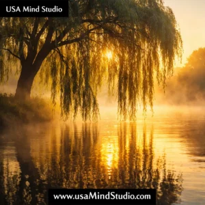 A majestic weeping willow tree with long cascading branches touching a calm river surface at golden sunrise, mist on the water, ethereal and peaceful atmosphere, photorealistic, wide cinematic shot