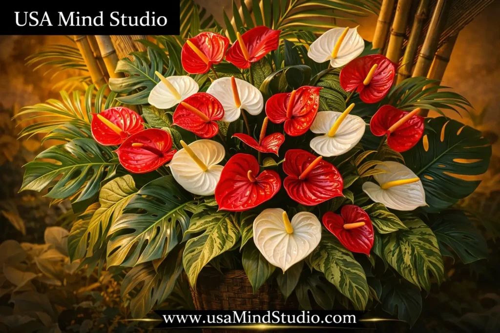 A lush anthurium flower arrangement in red and white blooms styled with tropical Hawaiian leaves and bamboo elements, warm golden light, cultural and celebratory atmosphere, photorealistic