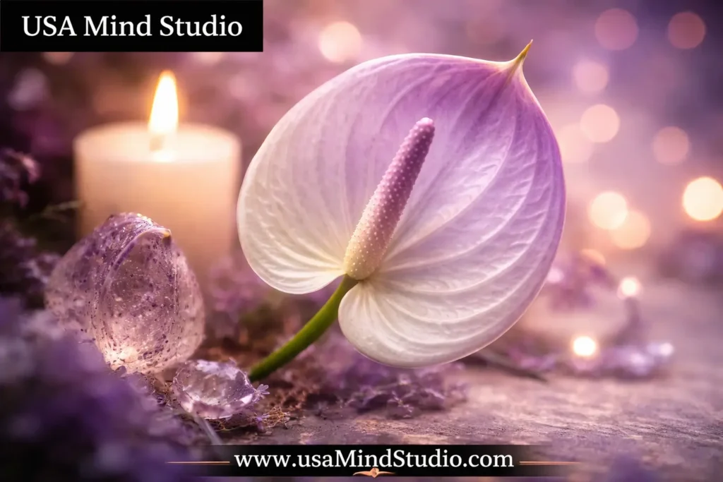 A single anthurium flower in soft purple and white tones, ethereal bokeh background, candle light and crystal elements nearby, deeply spiritual and meditative atmosphere, photorealistic, macro shot