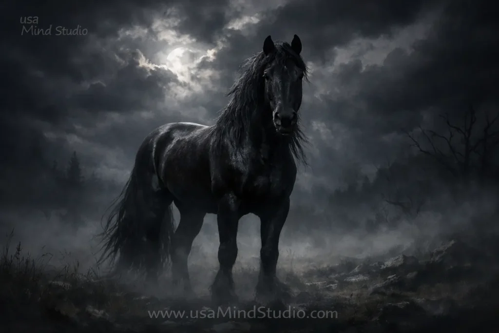 A powerful black horse standing in a misty dark landscape, moonlight behind storm clouds, dramatic and mysterious atmosphere, photorealistic, cinematic lighting