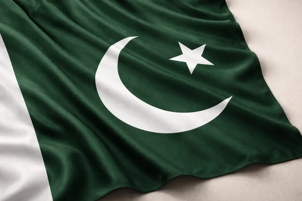 A clean, elegant arrangement of dark green fabric with white geometric crescent and star symbols on a neutral surface, representing national flag symbolism, soft directional lighting, photorealistic, minimal and dignified composition