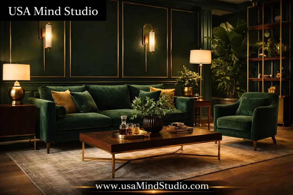 A sophisticated luxury interior design setting with rich dark green walls, gold metallic accents, natural wood furniture, warm ambient lighting, lush green plants, and velvet textiles, photorealistic, wide architectural interior shot