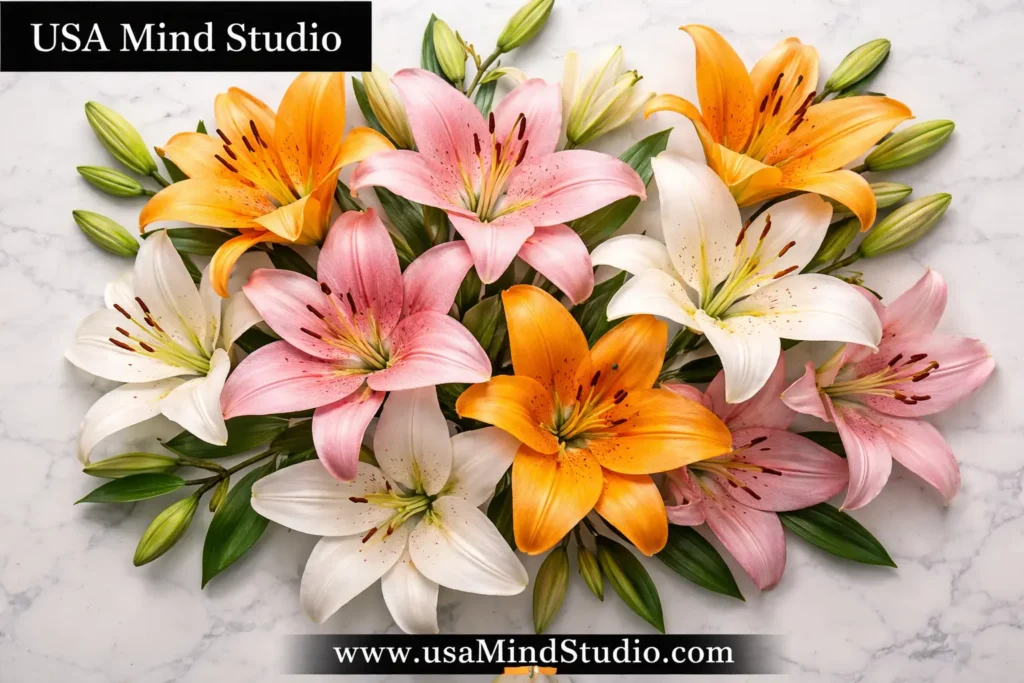 A beautiful flat-lay arrangement of orange, pink, and white tiger lily flowers together on a white marble surface, soft natural lighting, elegant botanical photography style, photorealistic, high detail