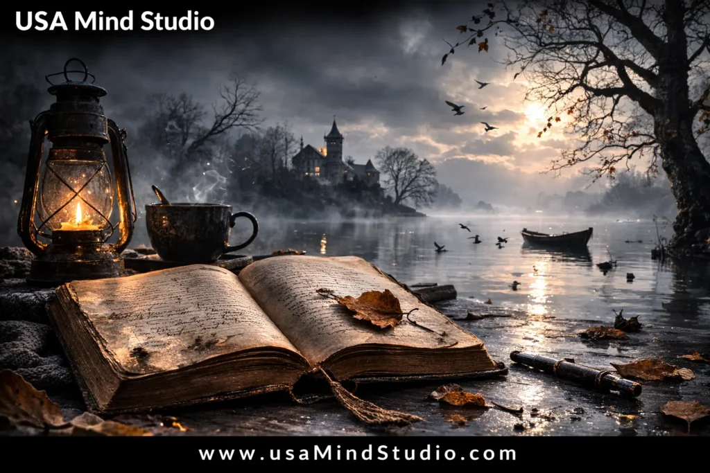 An open weathered book lying beside a moody grey foggy landscape with bare trees and still water, soft diffused overcast light, deeply contemplative and literary atmosphere, photorealistic, wide cinematic shot