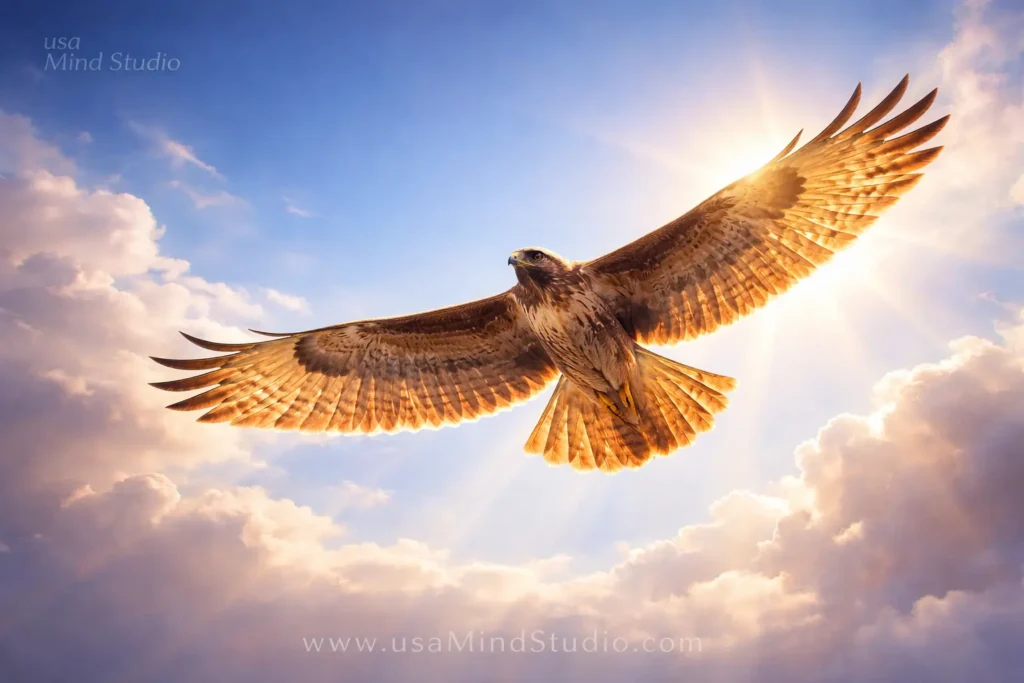 A majestic hawk soaring high in a clear blue sky, golden sunlight on its wings, ethereal and spiritual atmosphere, photorealistic, wide-angle cinematic shot
