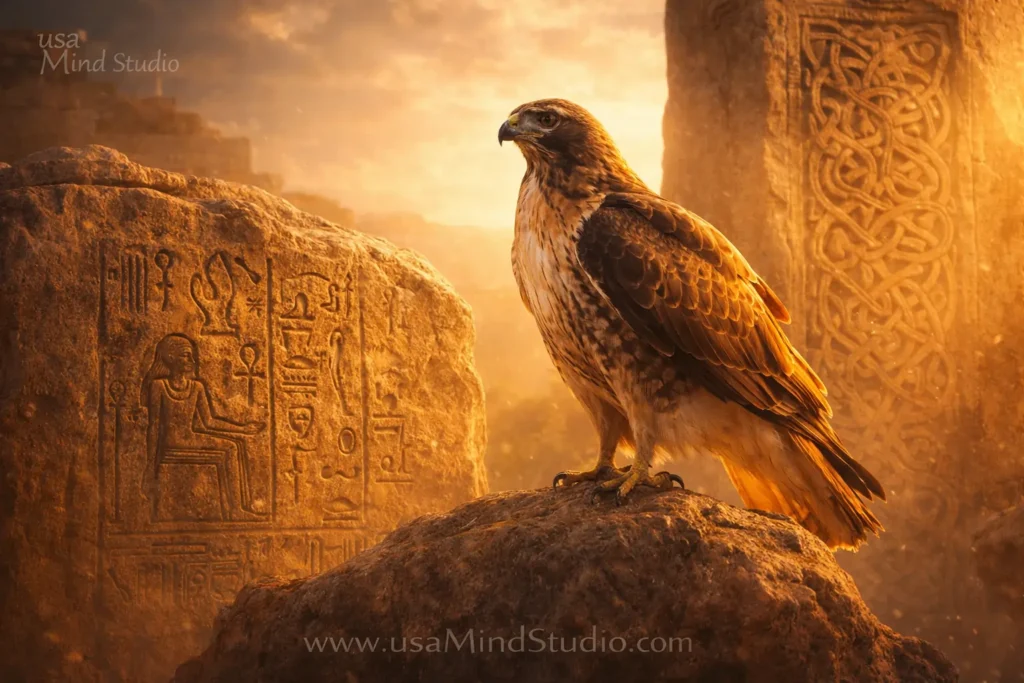 A majestic hawk perched on an ancient stone with Egyptian hieroglyphs and Celtic knotwork carvings in the background, golden hour lighting, spiritual and historical atmosphere, photorealistic