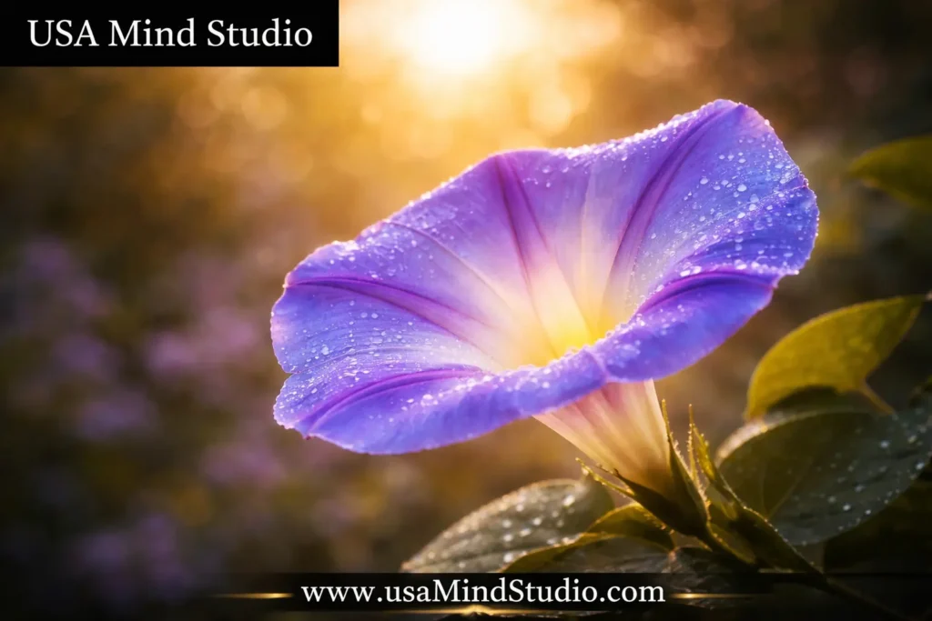 A single luminous morning glory flower opening toward soft golden sunrise light, bokeh background, dew drops on petals, deeply spiritual and meditative atmosphere, photorealistic, macro shot