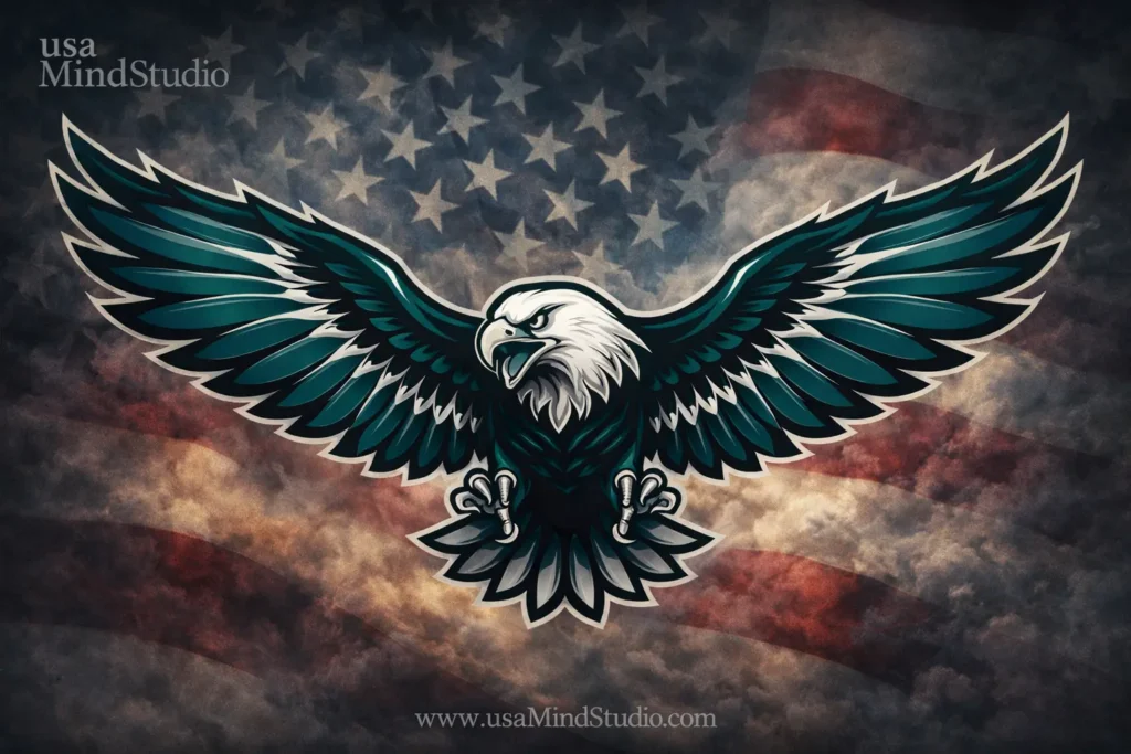 A bold stylized eagle with wings spread wide in midnight green and silver against a dramatic patriotic American background with subtle stars, representing the Philadelphia Eagles NFL team mascot and its connection to American eagle symbolism
