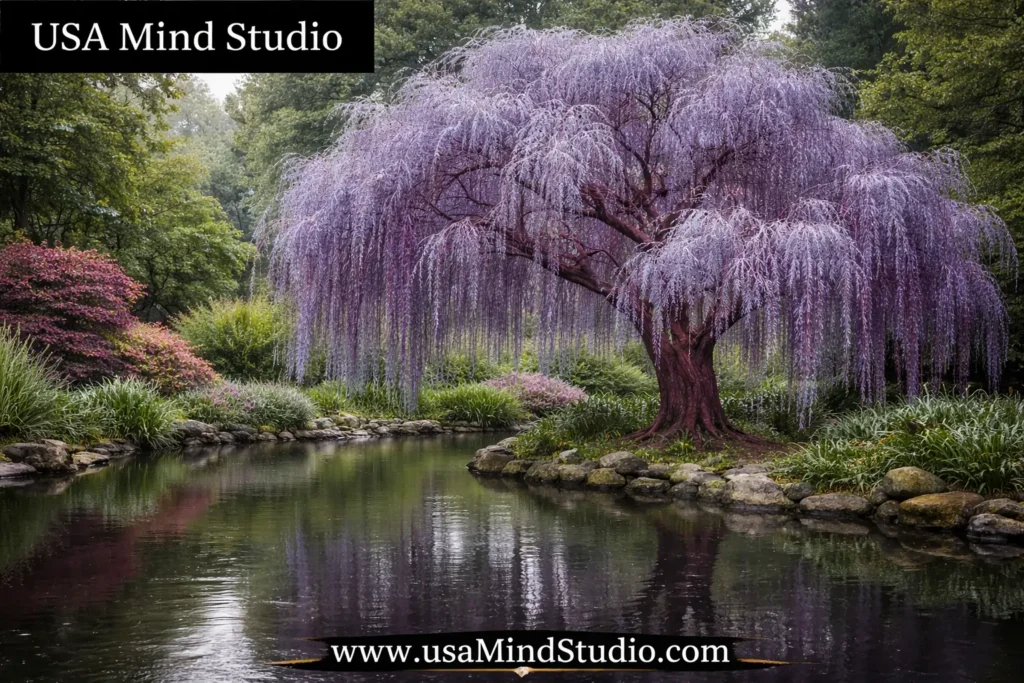 A striking purple weeping willow tree (Salix purpurea) with distinctive reddish-purple stems and silvery-blue leaves beside a quiet reflective pond, soft overcast light, botanical garden setting, photorealistic, wide shot