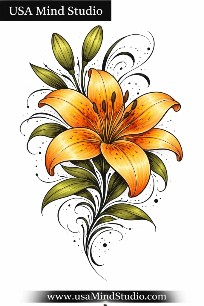 A detailed and vibrant tiger lily tattoo design with bold orange petals and black spots, fine line art style, elegant and powerful aesthetic, white background, professional tattoo illustration quality, high detail
