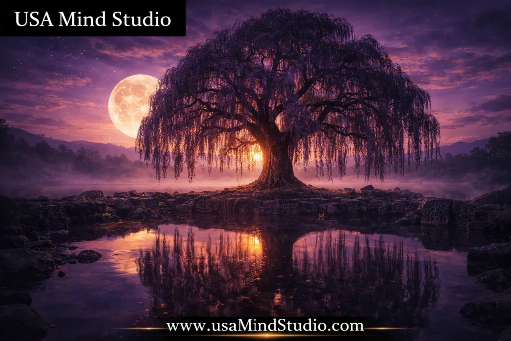 A magnificent weeping willow tree at dusk with soft purple and golden light, moon rising behind it, ancient stone carvings and water reflection below, deeply mystical and spiritual atmosphere, photorealistic, wide shot