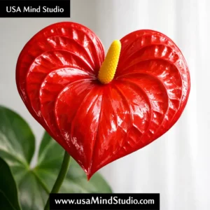 A vibrant red anthurium flower with a glossy heart-shaped spathe and yellow spadix, soft natural window light, white background, close-up botanical photography style, photorealistic, high detail