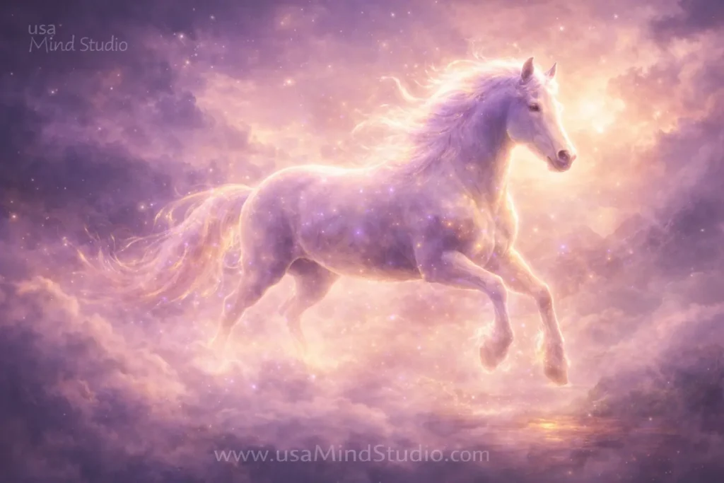 A glowing ethereal horse galloping through a misty dreamscape, soft purple and gold light, surreal and spiritual atmosphere, digital art style