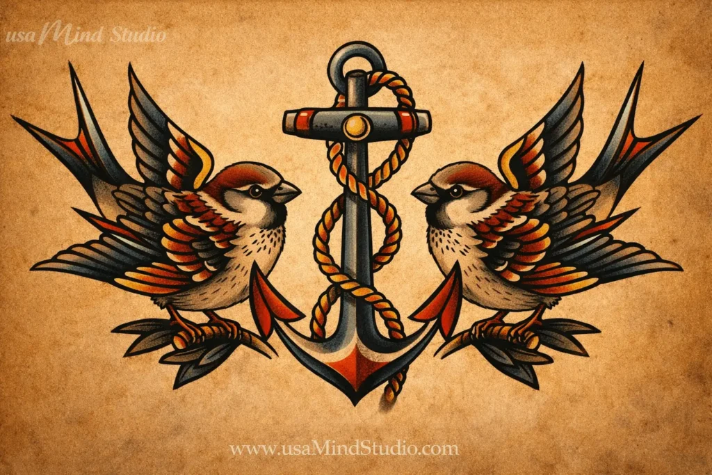 sparrow tattoo symbolism sailor tradition literature freedom loyalty memorial two sparrows anchor